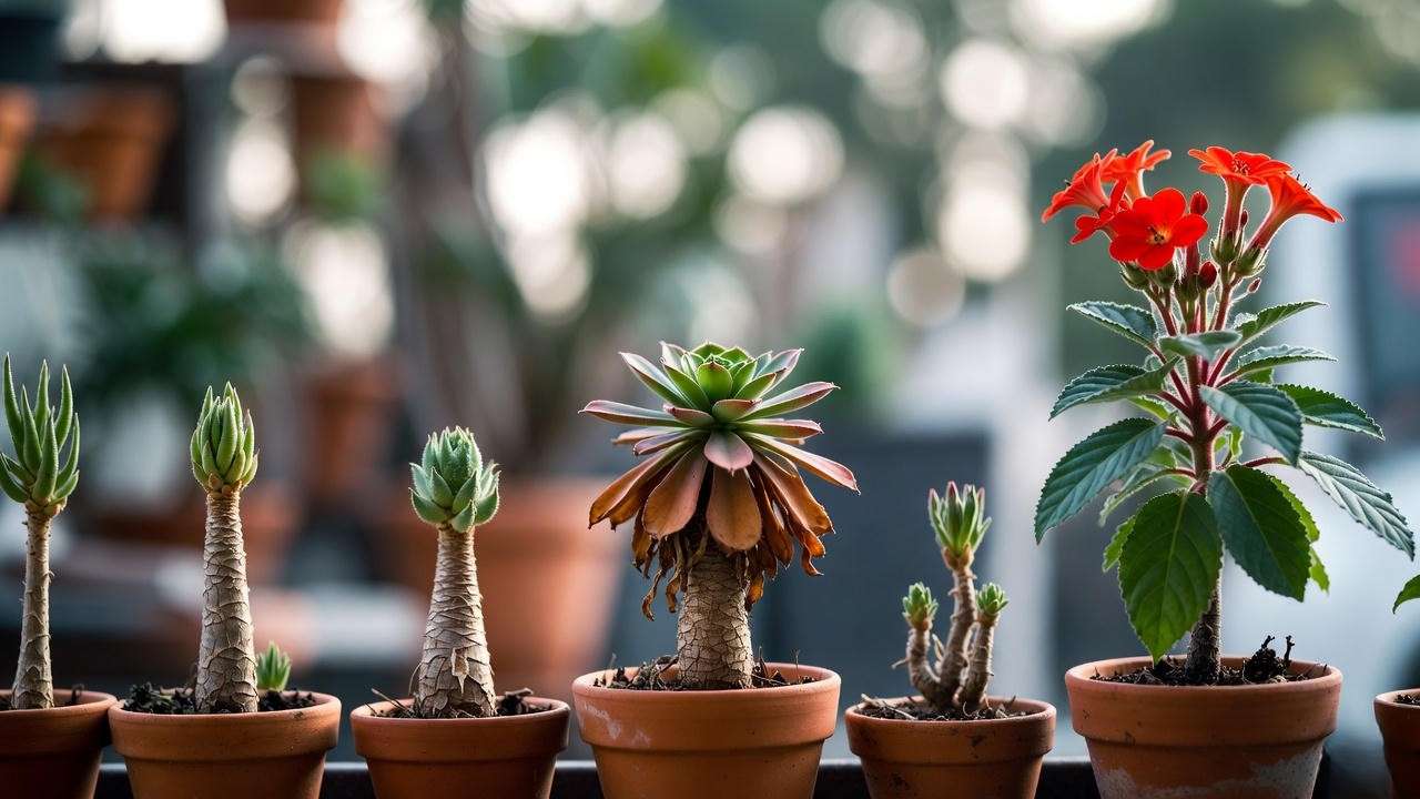 Multi-generational flaming sword plant family showing life cycle from mother to blooming pup