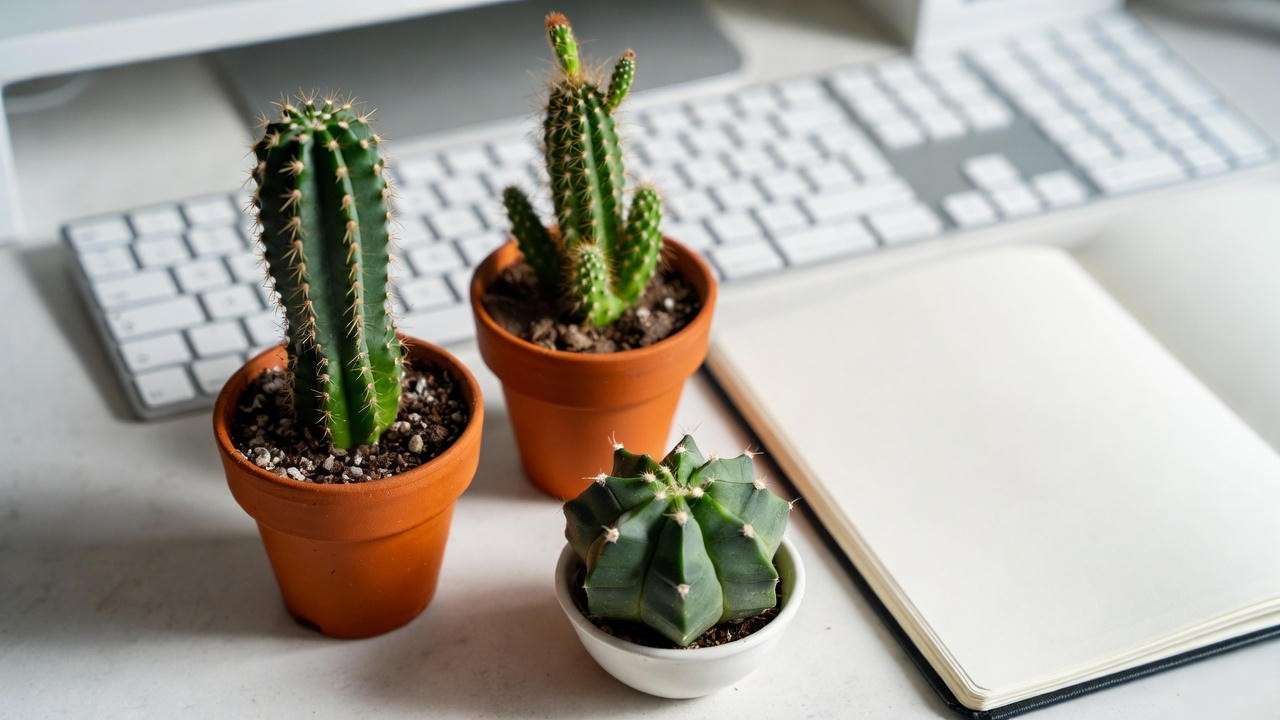 Mini cactus plants on modern desk perfect for small apartments and offices
