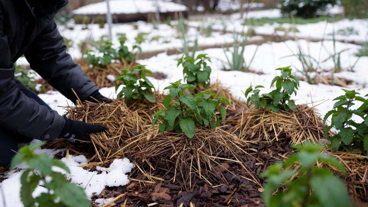 Lemon balm plants mulched with straw in a winter garden with light snow."