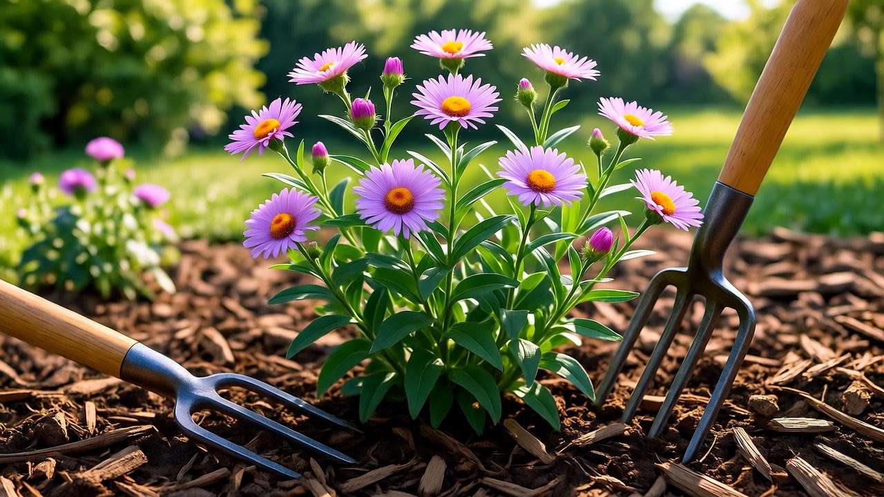 Dividing a mature pink aster plant with mulch in a healthy garden."