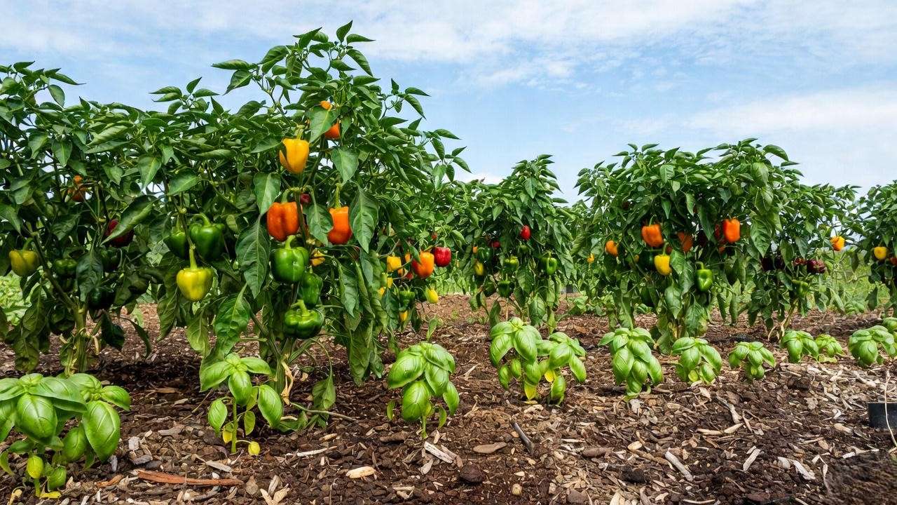 "Large-scale garden with evenly spaced pepper plants and basil companions for sustainable growth."