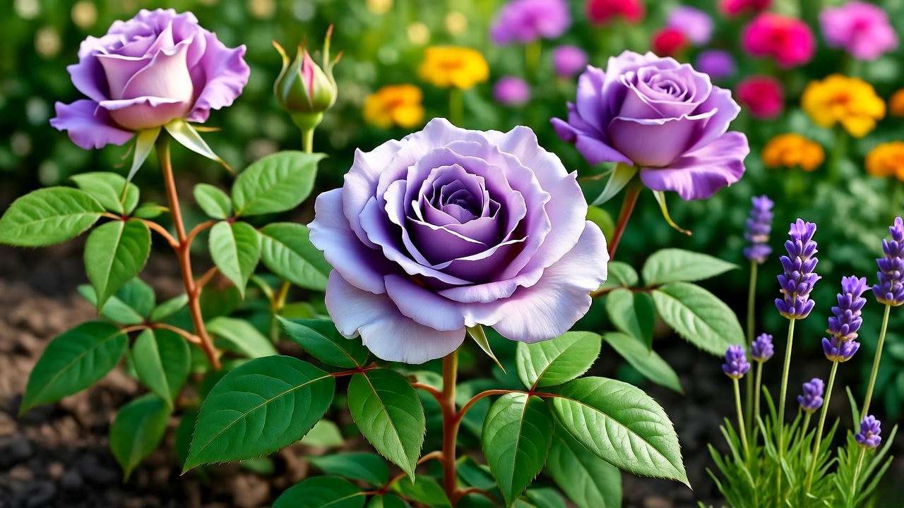 "Sterling silver rose with companion plants lavender and marigolds in garden."