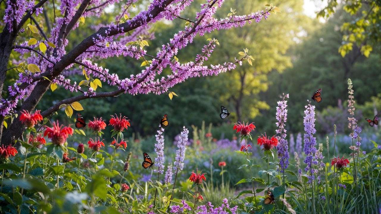 "Eastern redbud tree with pink blooms and butterflies in a thriving garden with native plants."
