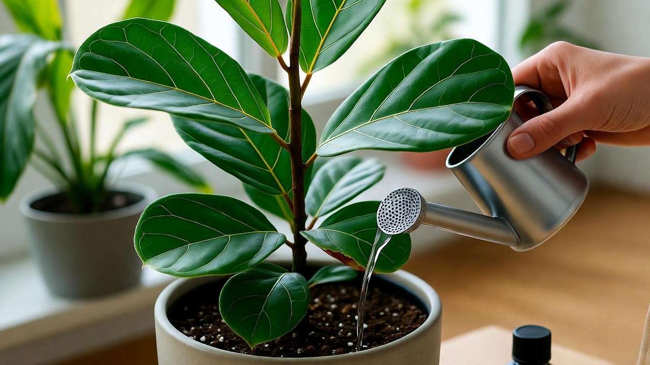 Ficus lyrata being fertilized with liquid fertilizer in bright indoor light"
