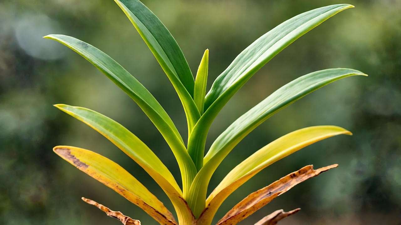Orchid live plant leaves showing nitrogen deficiency with yellowing older leaves