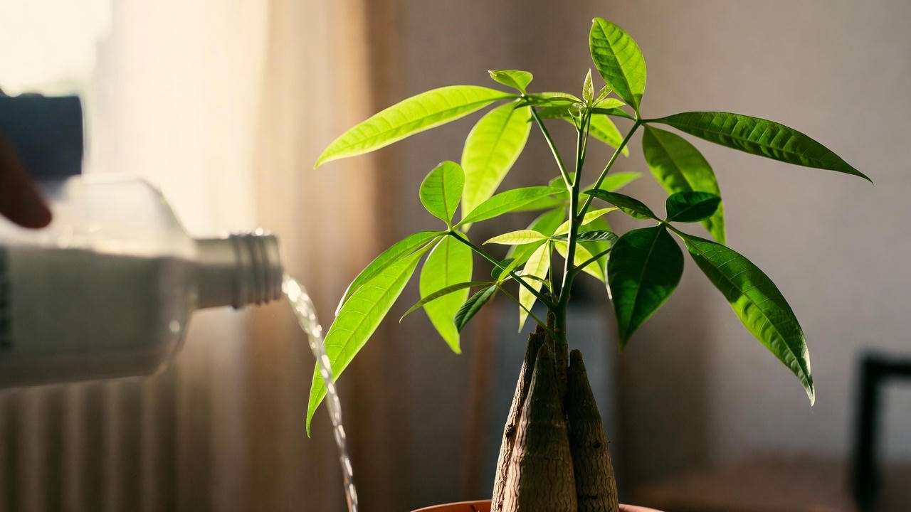 Money tree receiving diluted liquid fertilizer for healthy growth".