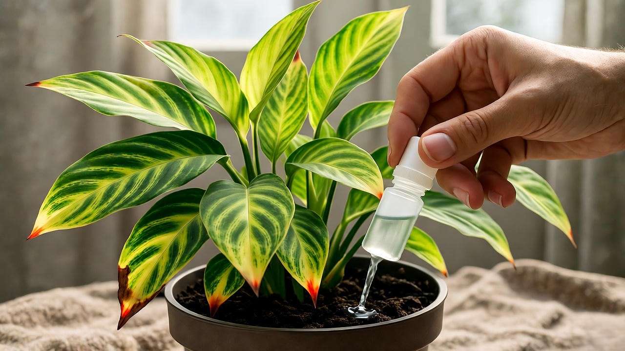 Applying fertilizer to a Trinette plant for healthy growth."