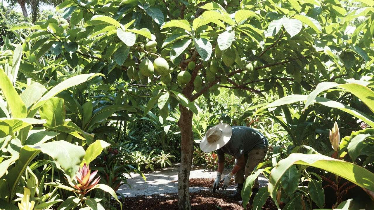 "Gardener fertilizing a guanabana tree with organic compost in a tropical garden."
