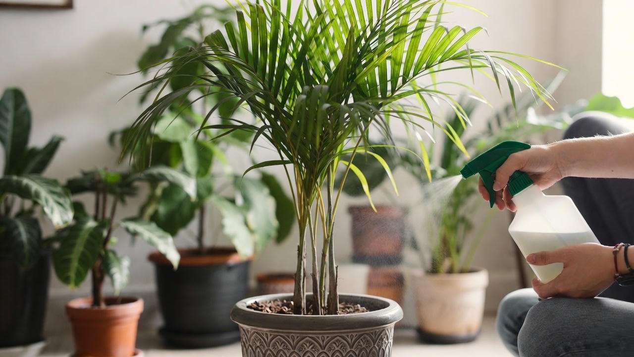 Indoor palm tree in a pot being fertilized with diluted liquid using a sprayer in a cozy room."