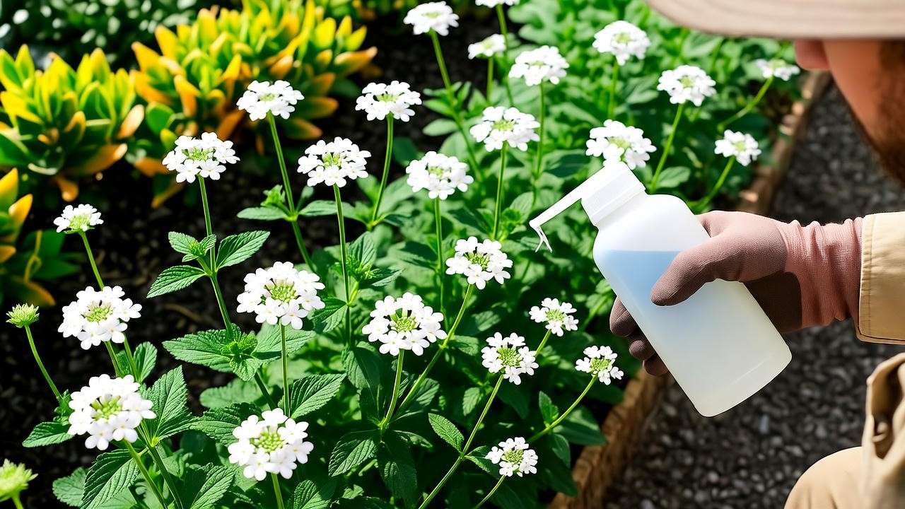 Gardener fertilizing white verbena plants with a balanced fertilizer."