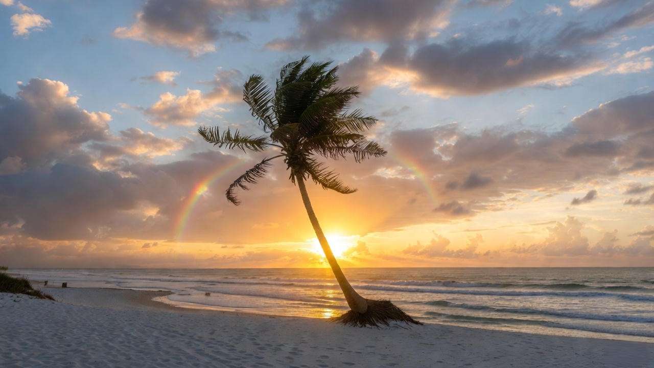 Lone palm tree standing tall after hurricane with rainbow symbolizing resilience and eternal victory