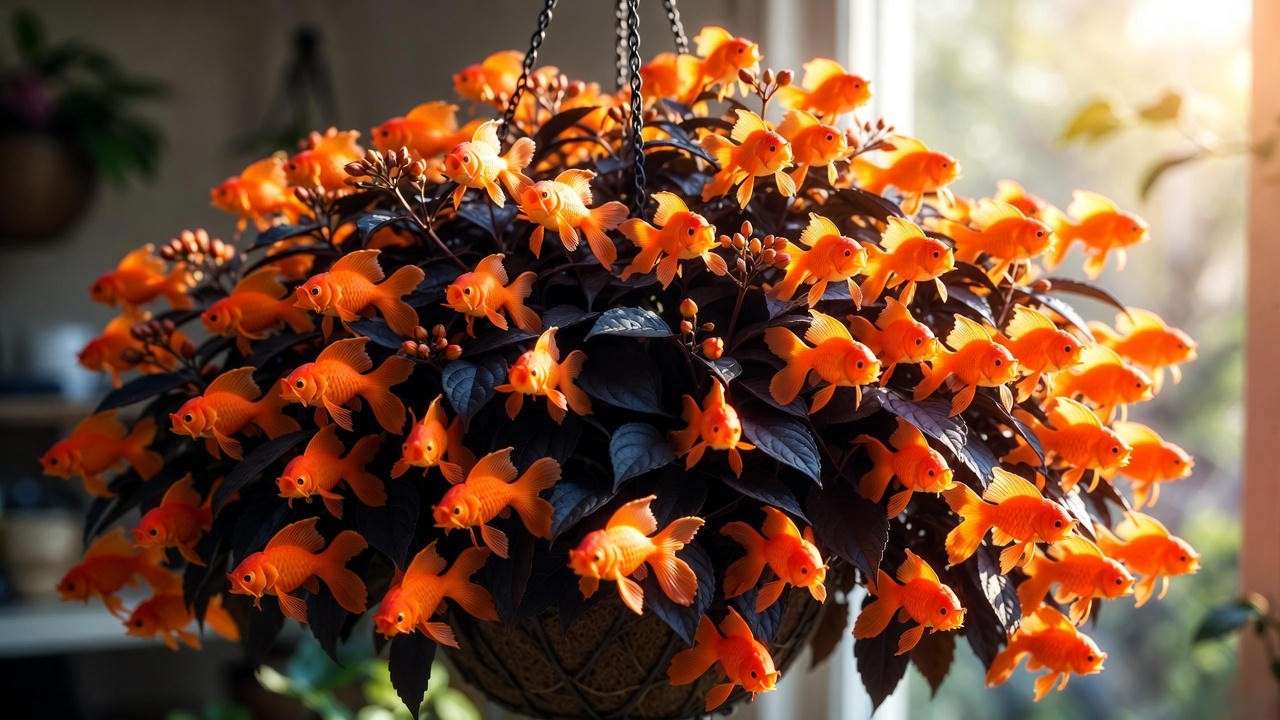 Black Gold goldfish plant in peak bloom with non-stop orange goldfish flowers