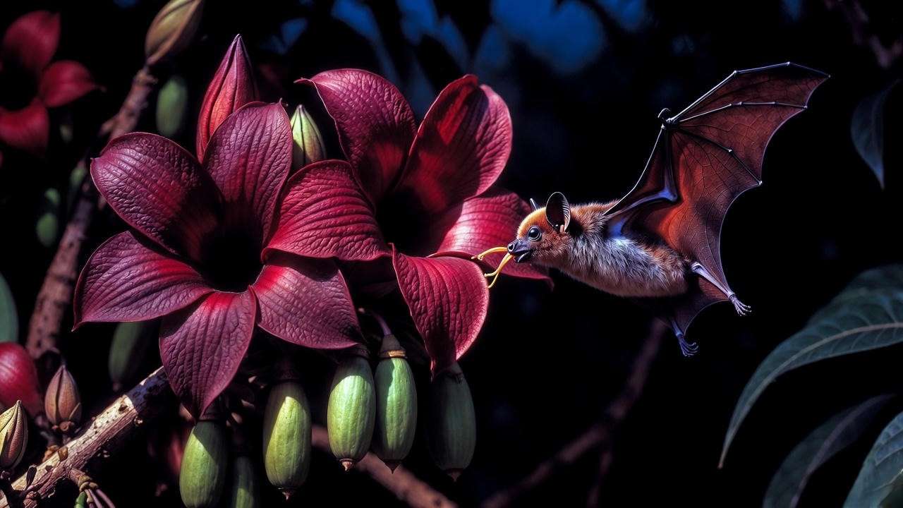 Fruit bat pollinating night-blooming Kigelia africana flowers under moonlight
