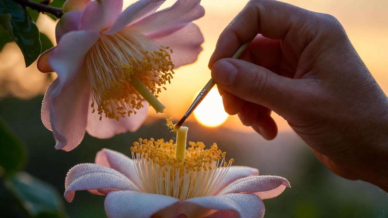 Hand pollinating guanabana soursop flowers with paintbrush at dawn