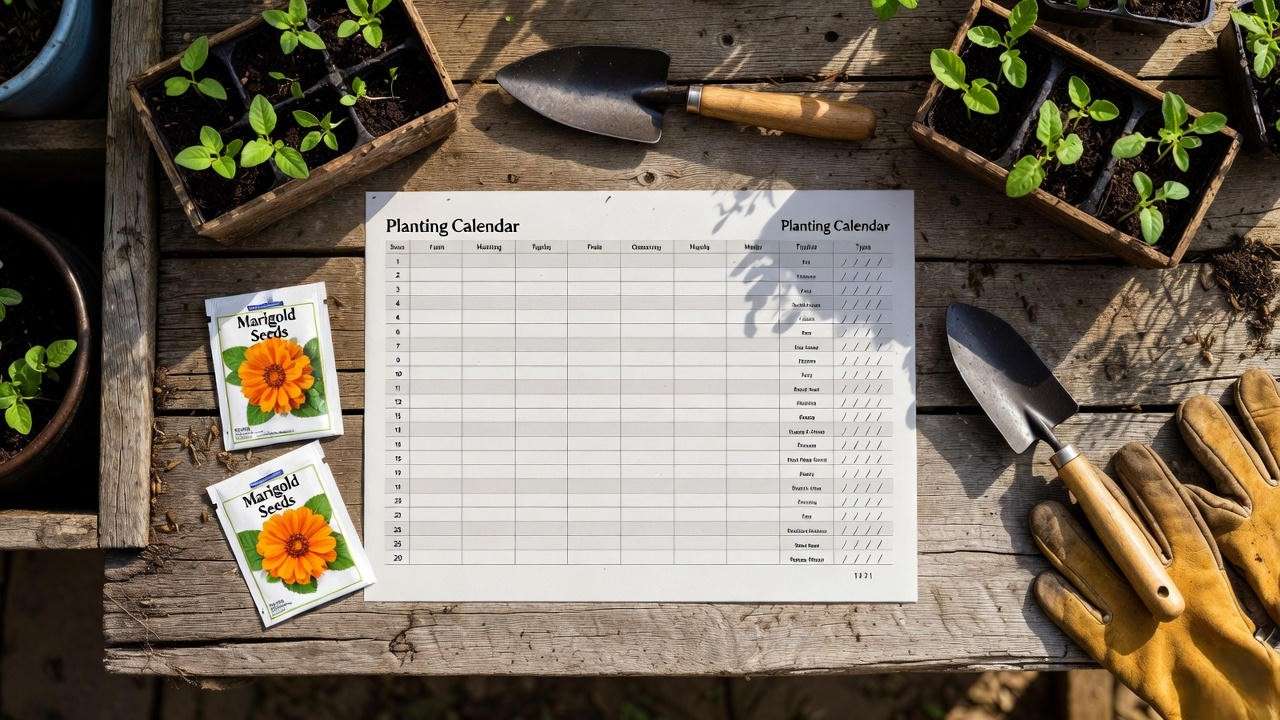 Marigold planting calendar and resources on potting bench ready for download