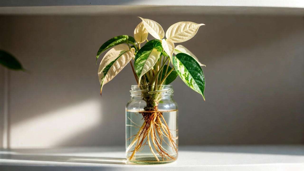 Variegated umbrella plant cutting successfully rooting in water