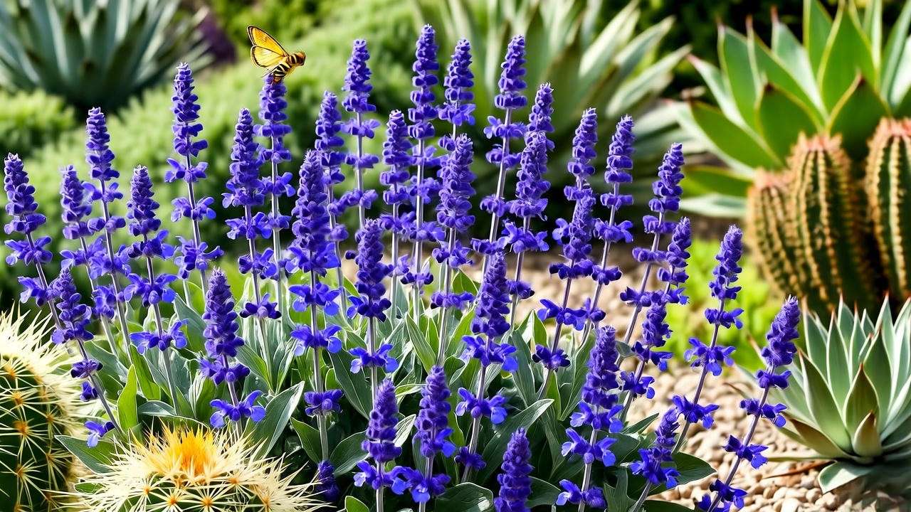 Russian Sage garden attracting bees and butterflies in a xeriscape design."