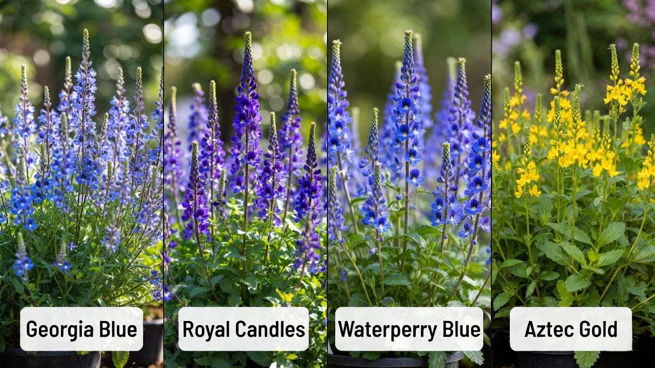 Comparison of Georgia Blue speedwell plant with Royal Candles, Waterperry Blue, and Aztec Gold