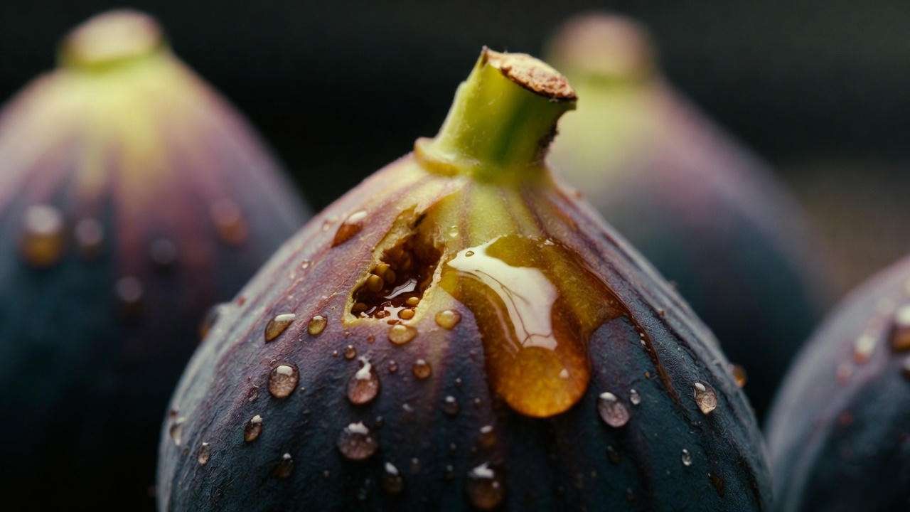Close-up of perfectly ripe fig dripping honey-like syrup showing ideal harvest stage