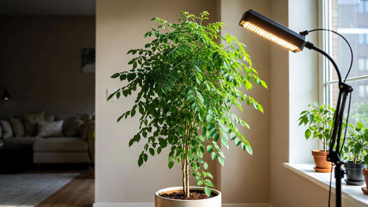Thriving moringa tree grown indoors with grow lights in cold climate