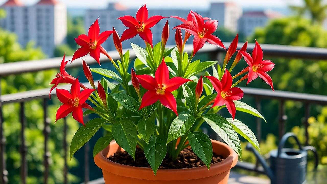 Texas Star Plant in a terracotta pot on a balcony with watering can and urban garden view."