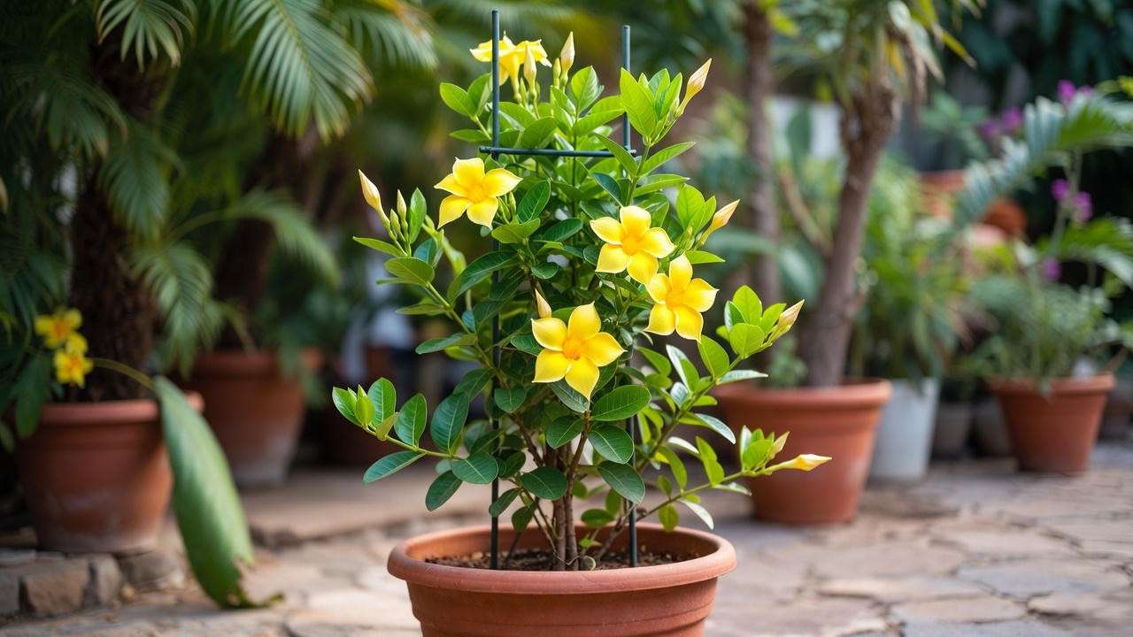 Yellow mandevilla plant in a terracotta pot on a patio with a trellis and tropical plants