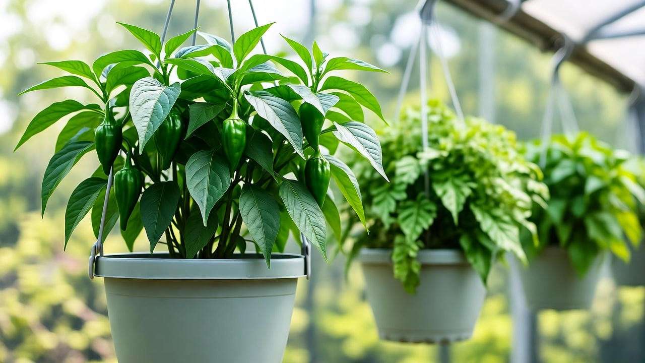 "Vertical garden with shoshito pepper plants in hanging pots".