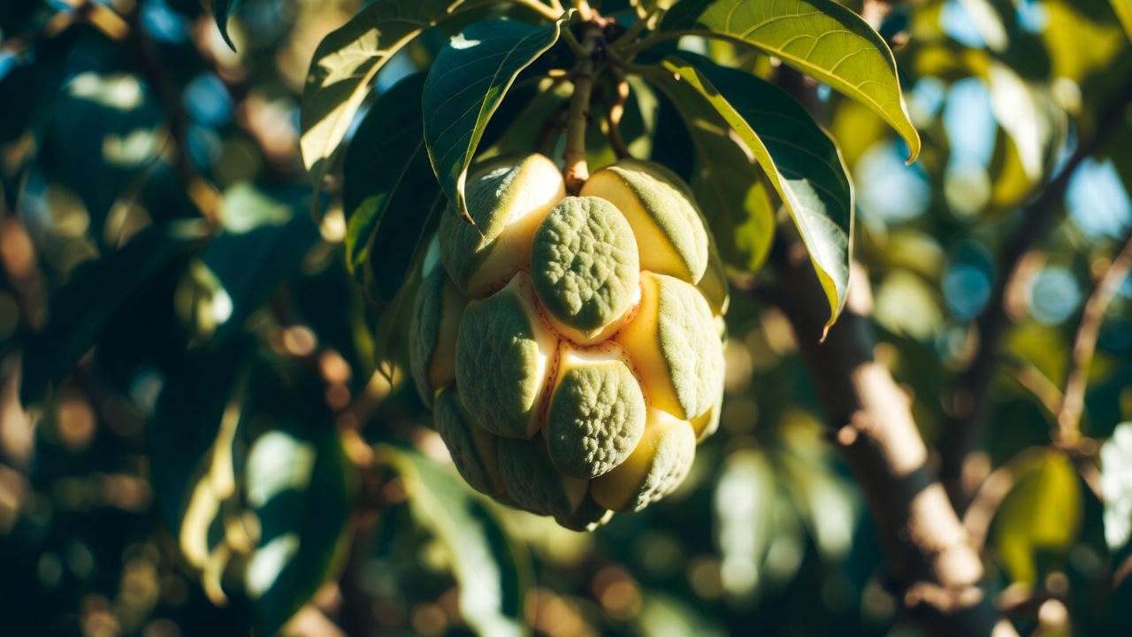 Ripe guanabana soursop fruit hanging on tree with glossy leaves in sunlight