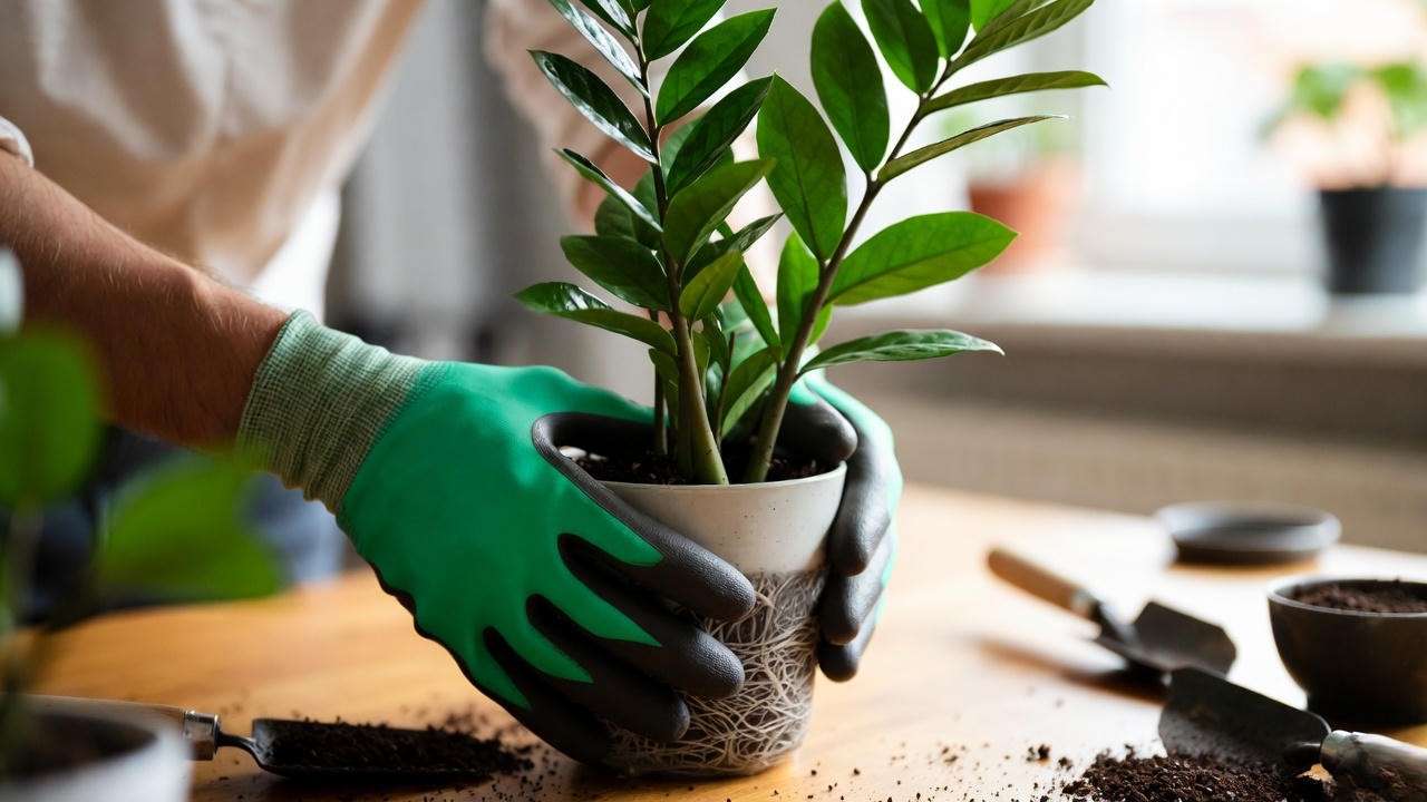 Person repotting ZZ plant with gloves for safe handling"