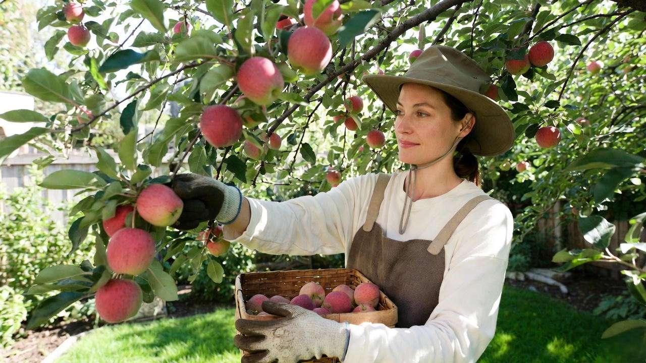 Gardener harvesting ripe fruit from Gurneys tree in sunny backyard".