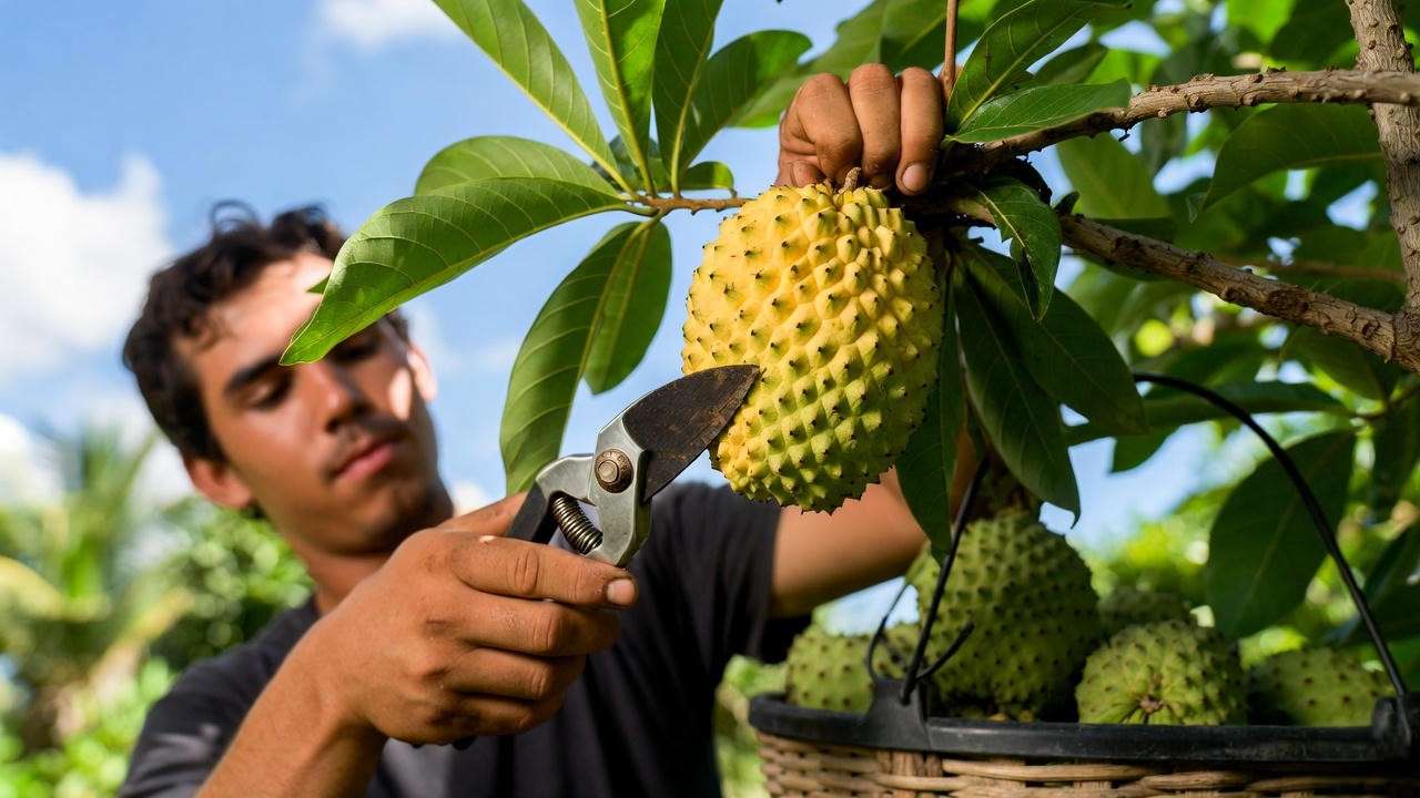 Gardener harvesting ripe guanabana fruit with shears in a tropical garden."
