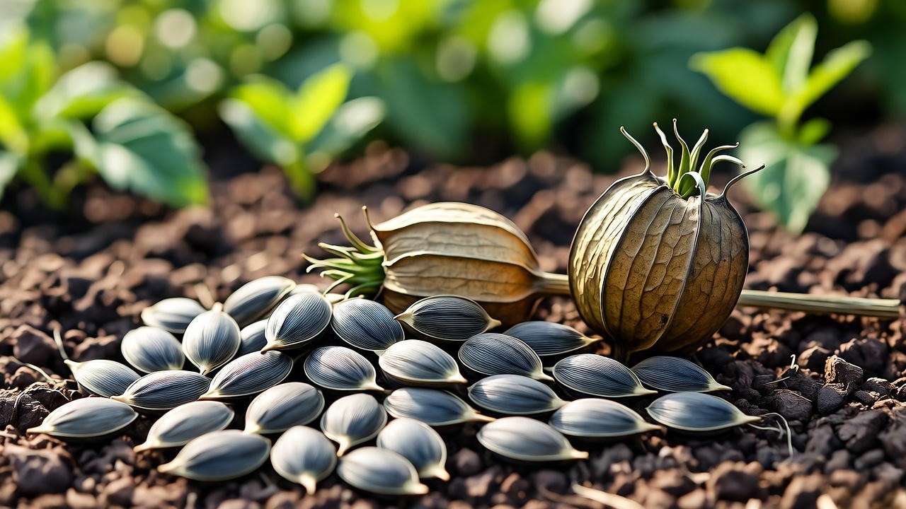 "Close-up of nigella sativa seeds harvested from dried pods in a garden setting."