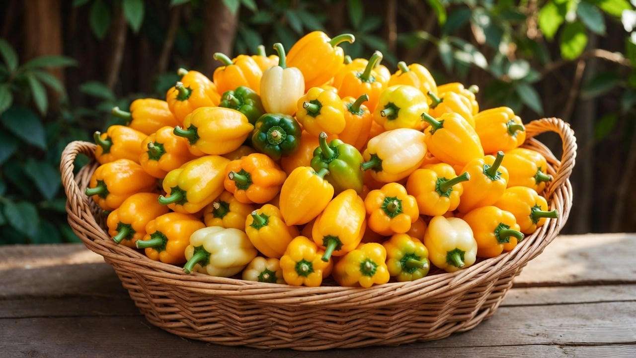 Massive harvest of ripe Lemon Drop peppers ready for picking and preserving