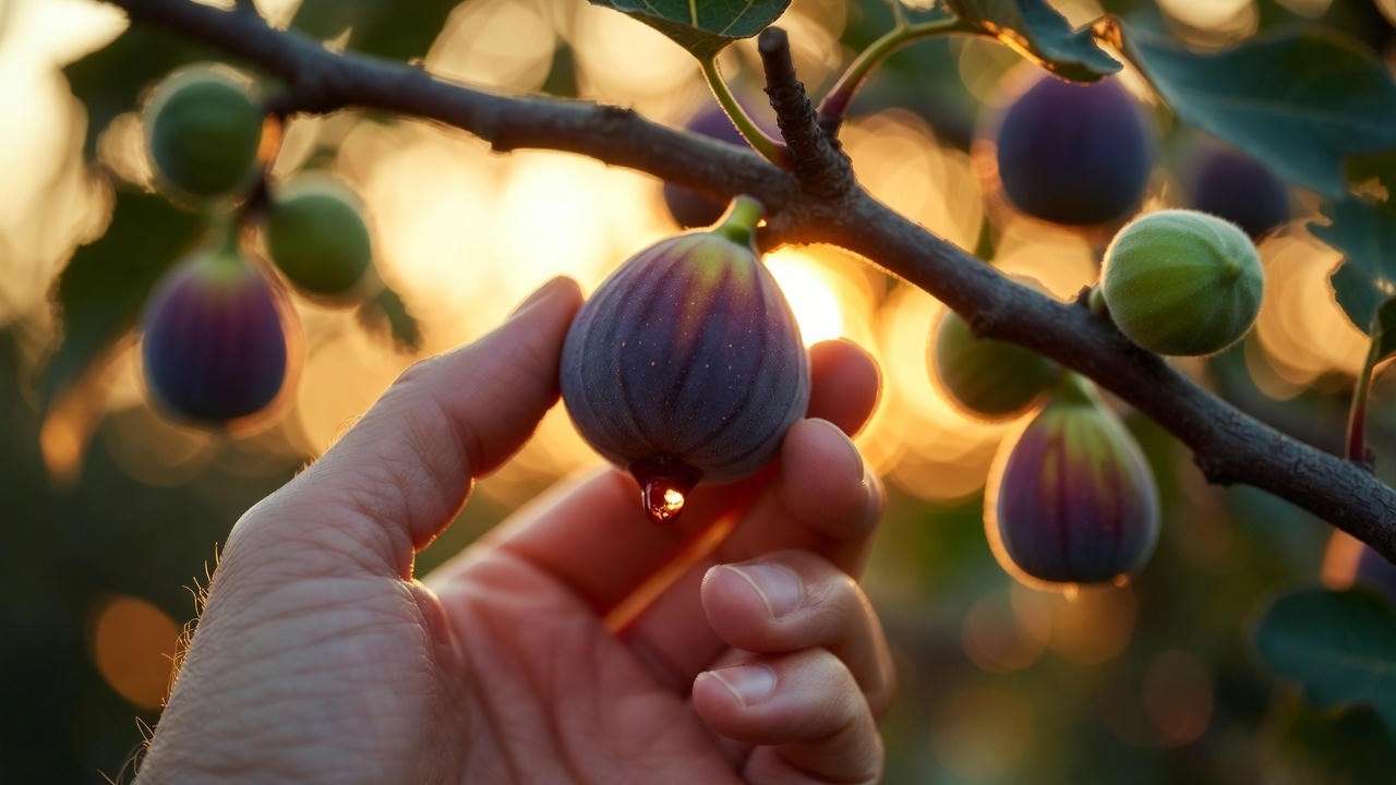 Hand harvesting perfectly ripe fig from tree at ideal softness and color stage