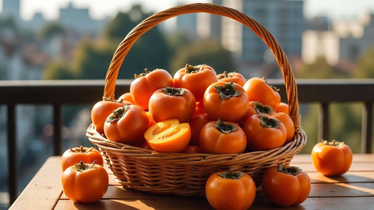 Freshly harvested Fuyu dwarf persimmons from a balcony tree – ready to eat like apples