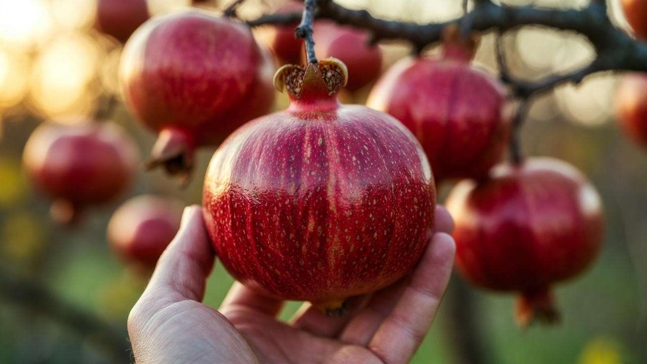 Perfectly ripe Salavatski pomegranate ready for harvest with metallic sound test