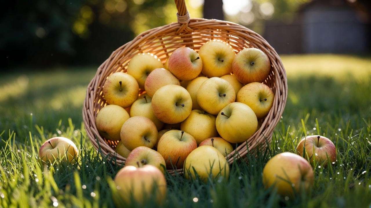 Freshly harvested Dorsett Golden apples in basket – early summer harvest in warm climates