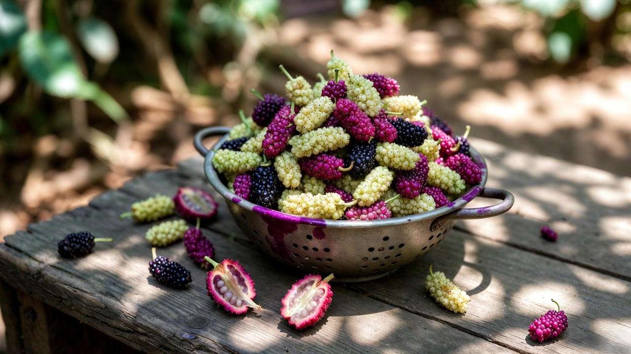 Freshly harvested long Pakistani mulberries ready for eating and recipes