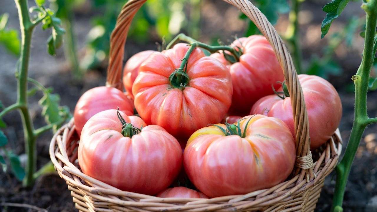 Harvest basket full of ripe 2-pound German Johnson heirloom tomatoes