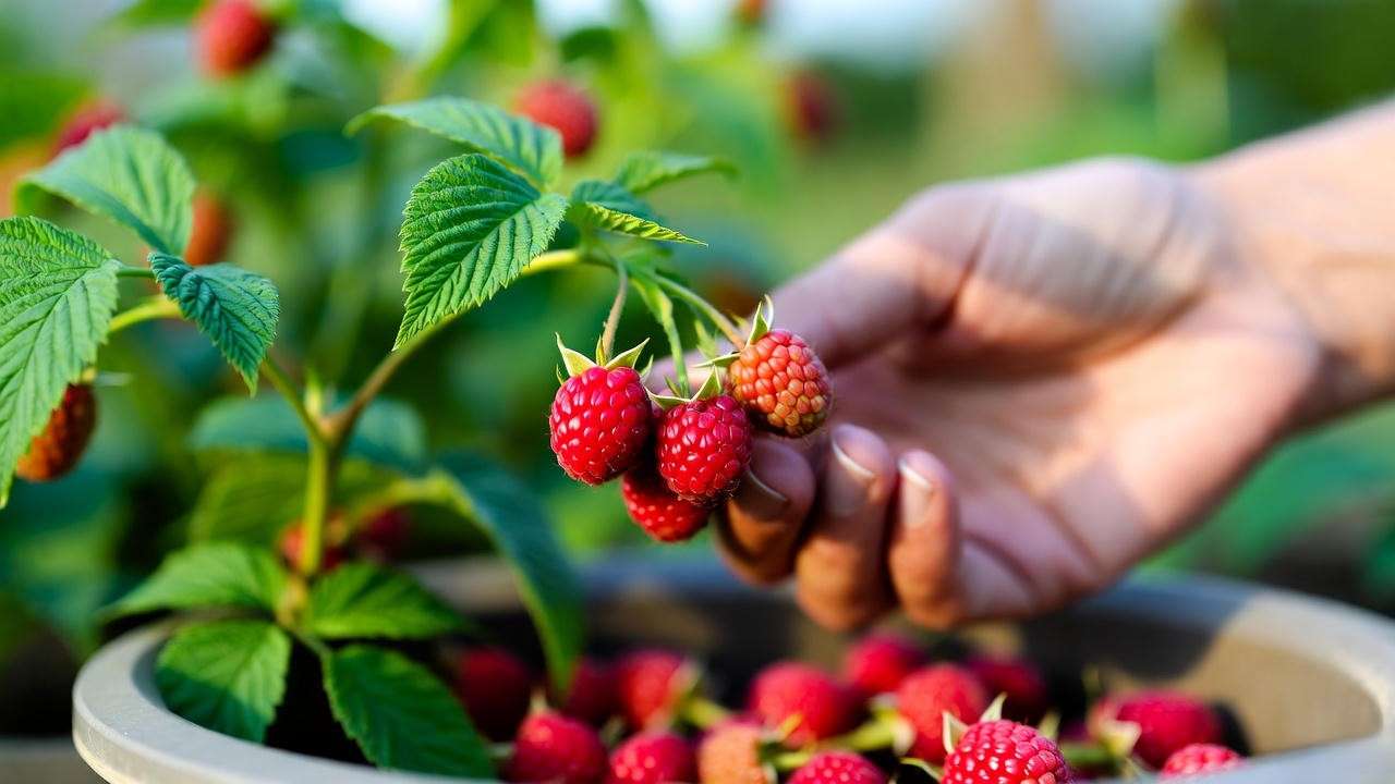 Hand harvesting ripe Raspberry Heritage berries into a shallow container in a green garden."