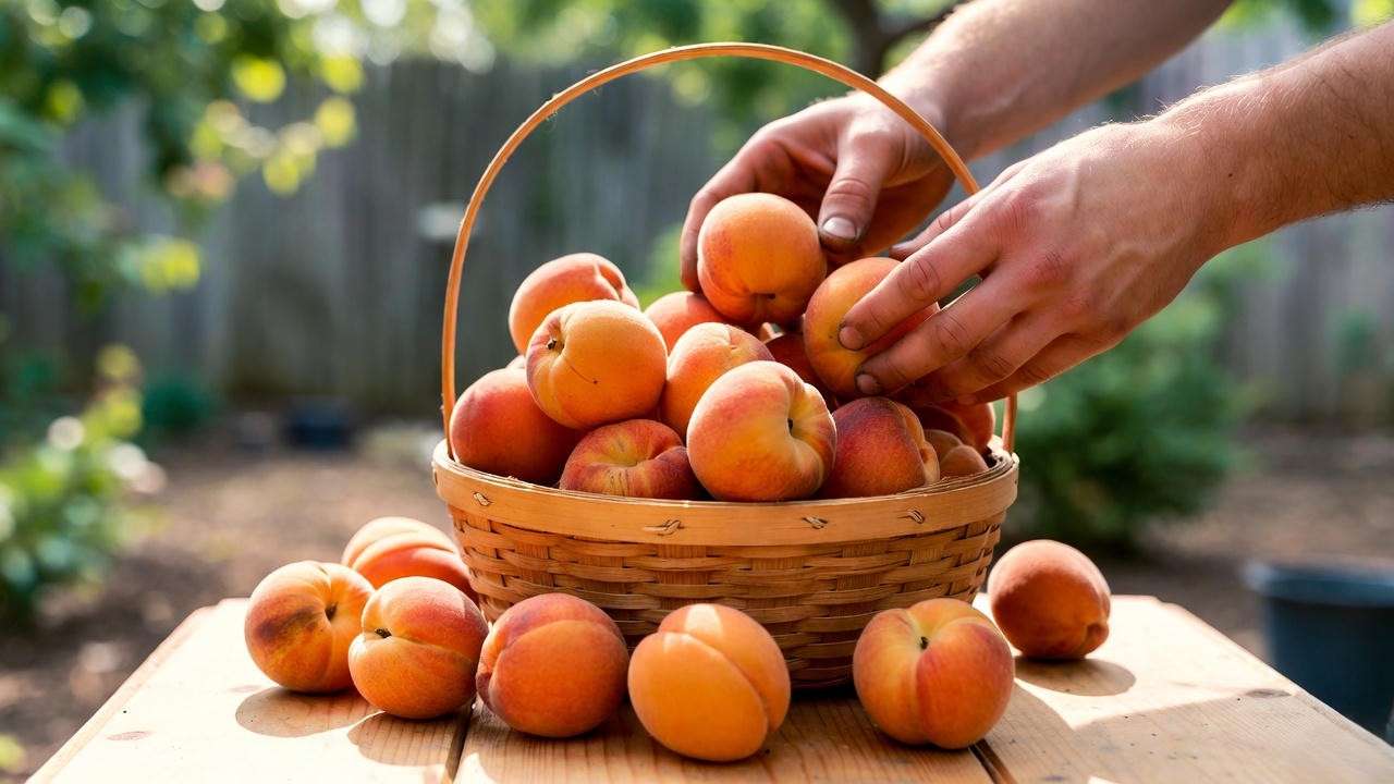 Basket of freshly harvested Redhaven peaches with gardenerโs hands in a rustic backyard"