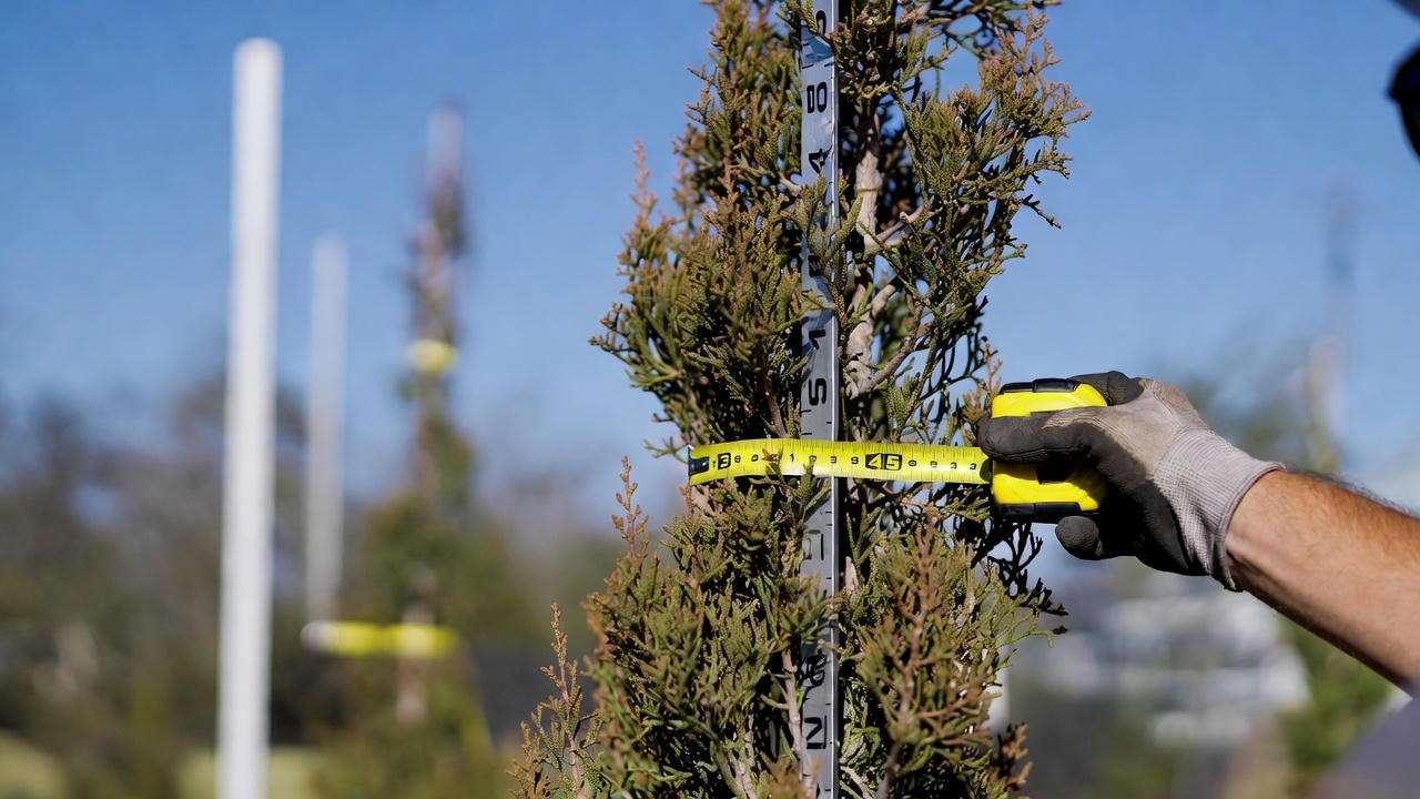 Arborist measuring trunk diameter at breast height on tall skinny Skyrocket Juniper to calculate 3:1 ratio