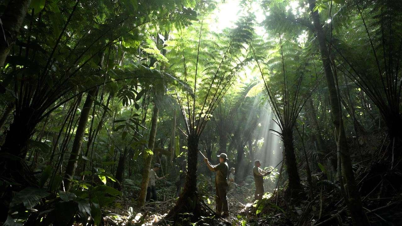 Sustainable tree fern fiber harvesting in a lush tropical forest, eco-friendly process."