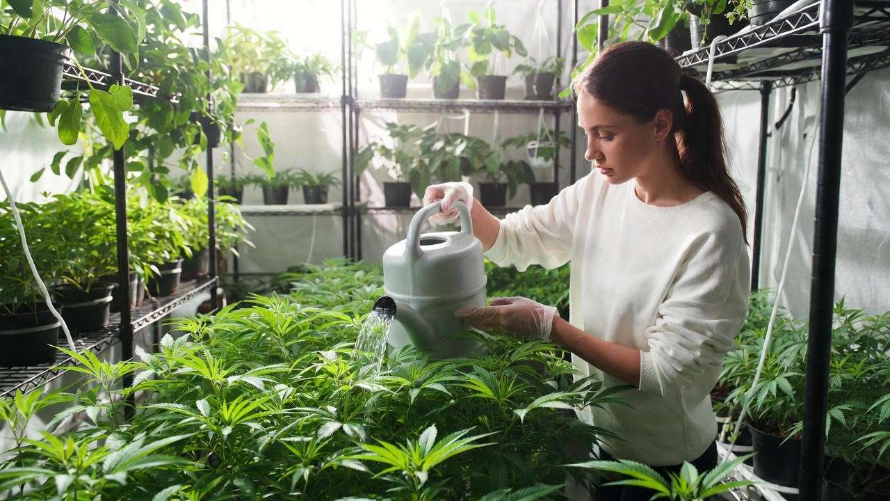 Grower applying nutrients to cannabis plants in a hydroponic or soil setup."