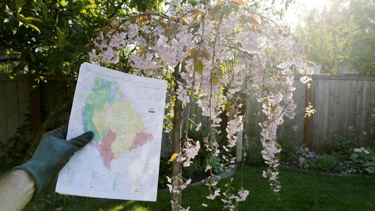 Gardener checking USDA zone map next to small weeping tree in small yard