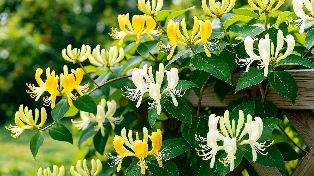 "Scentsation honeysuckle plants blooming on a trellis in a sunny garden."