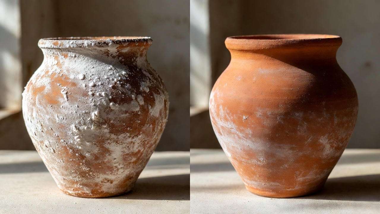 Before and after cleaning white salt stains from terracotta garden plant pots naturally