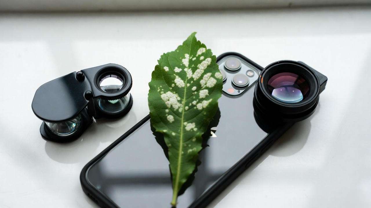 Tools for diagnosing white spots on plant leaves – jeweler’s loupe and phone macro lens