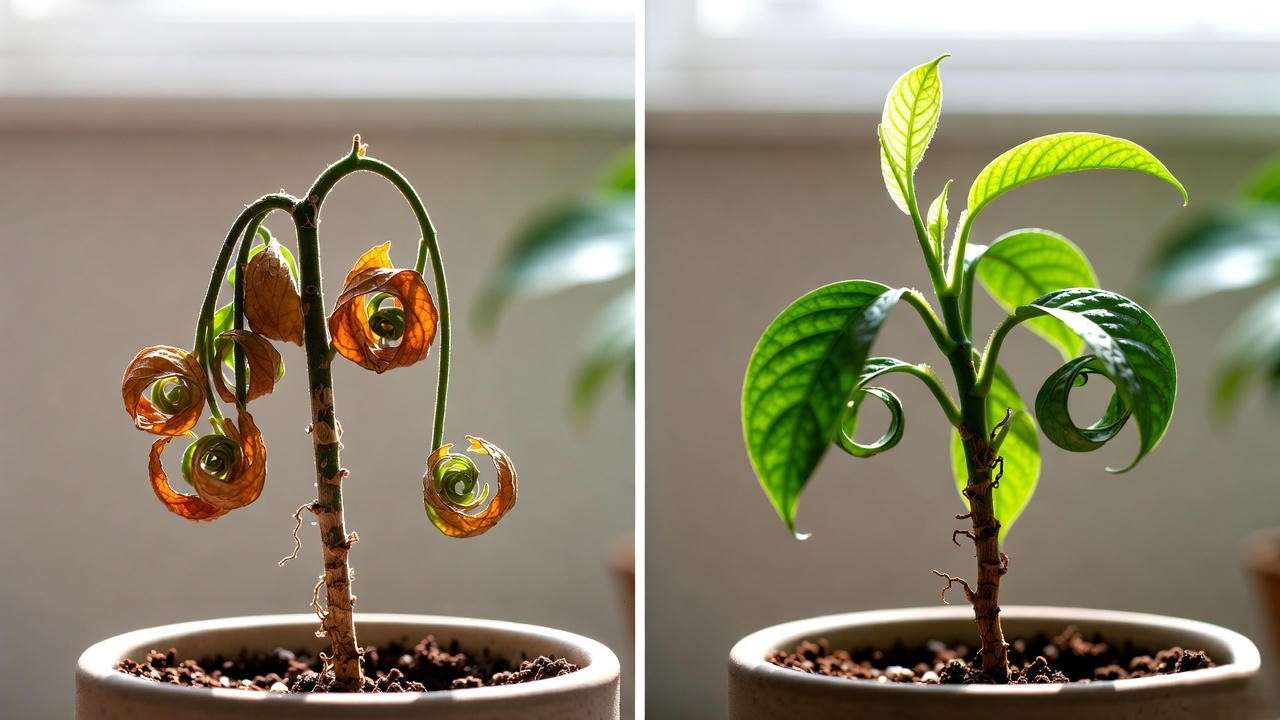 Before and after 7-day recovery of twisted lipstick plant with curling leaves