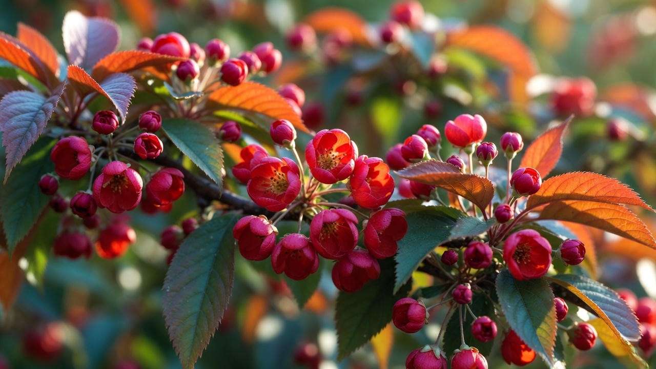 Second flush of cherry-red blooms on Dynamite crape myrtle tree in late summer
